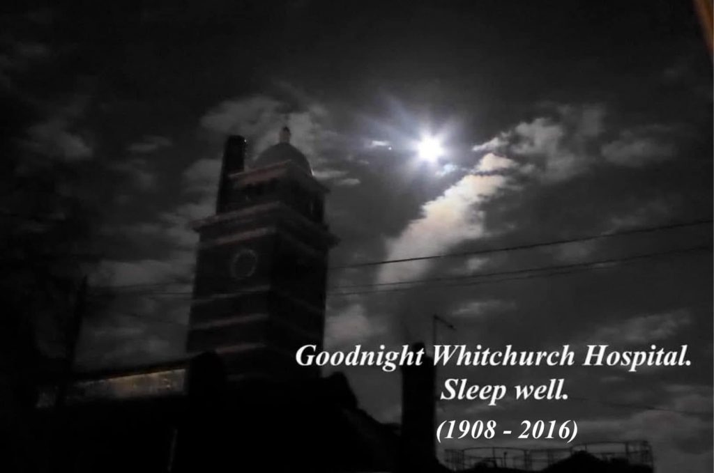 Black and White photo of the Whitchurch Hospital water tower with the moon in the background.
photo taken by Michael Jones in 2016